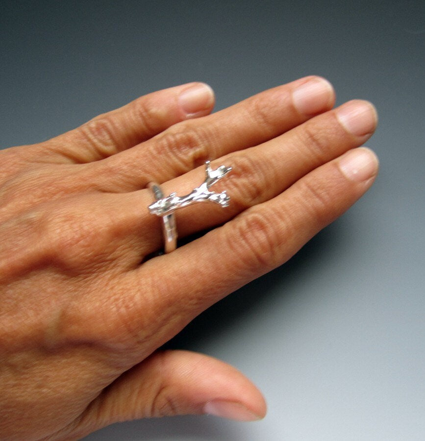 Sea goddess, mermaid ring, coral branch, sterling silver ring