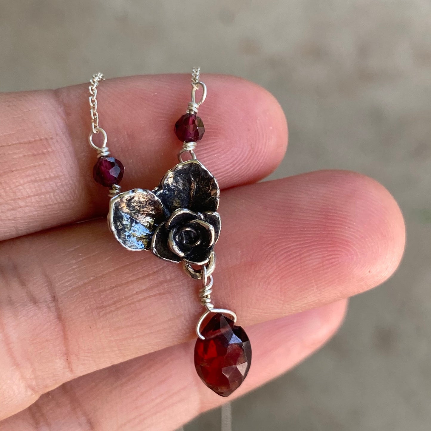 Leaf and rose heart pendant with gem drop