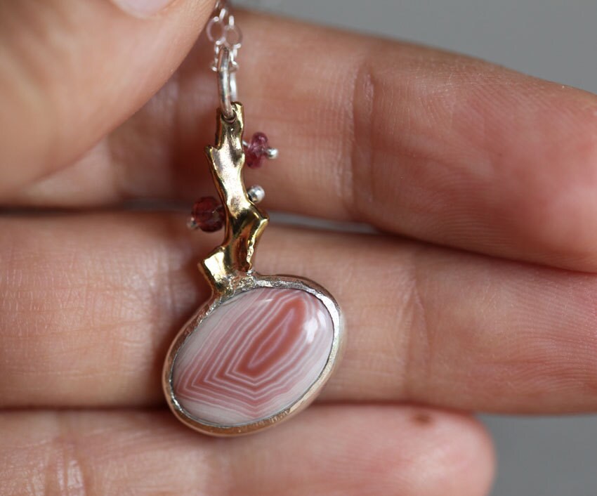 Summer coral, porcelain jasper, sapphire and brass coral pendant, ooak
