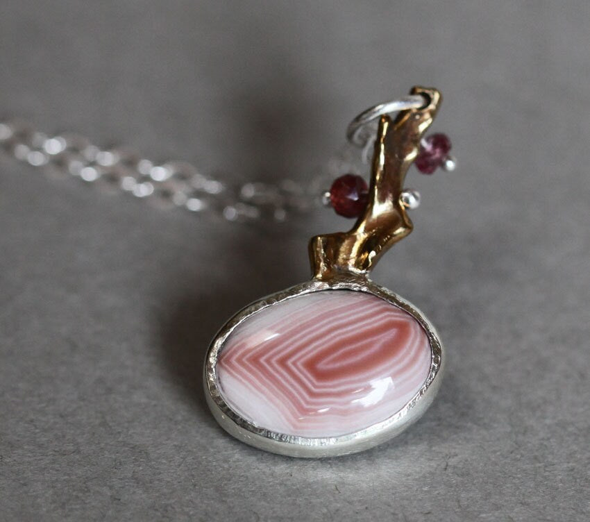 Summer coral, porcelain jasper, sapphire and brass coral pendant, ooak