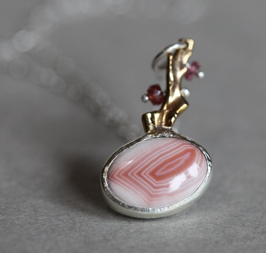 Summer coral, porcelain jasper, sapphire and brass coral pendant, ooak