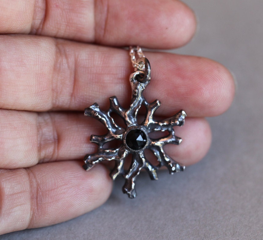 Coral medallion, black onyx and sterling silver pendant, ready to ship