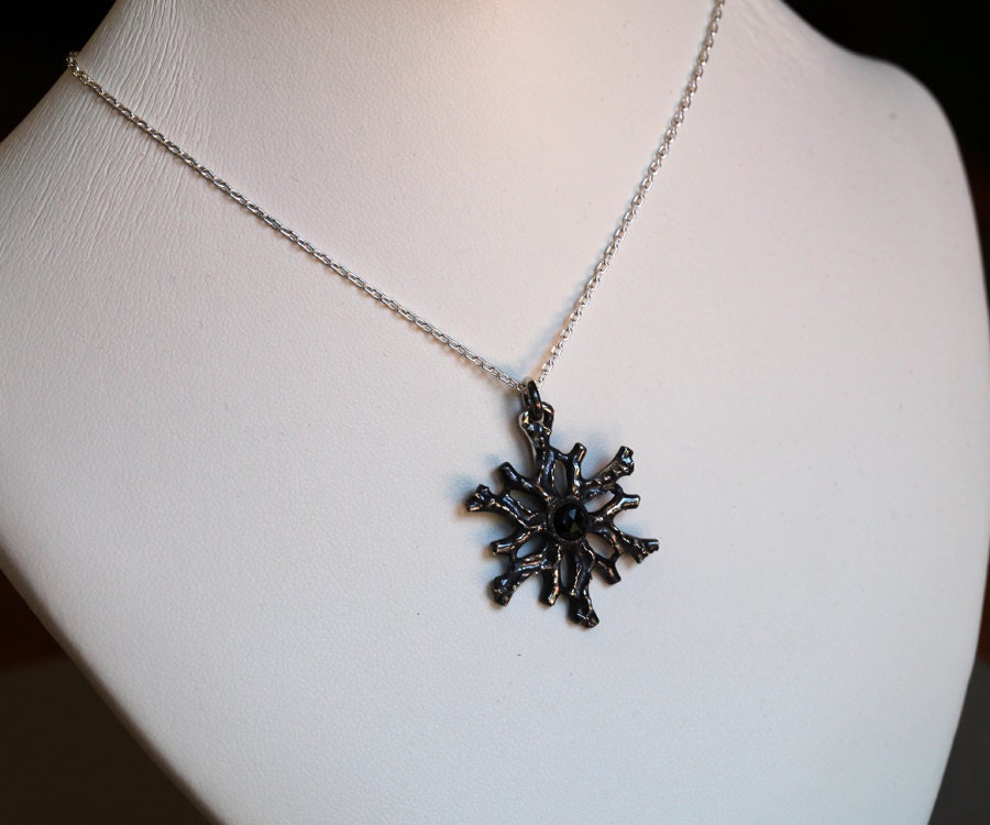 Coral medallion, black onyx and sterling silver pendant, ready to ship