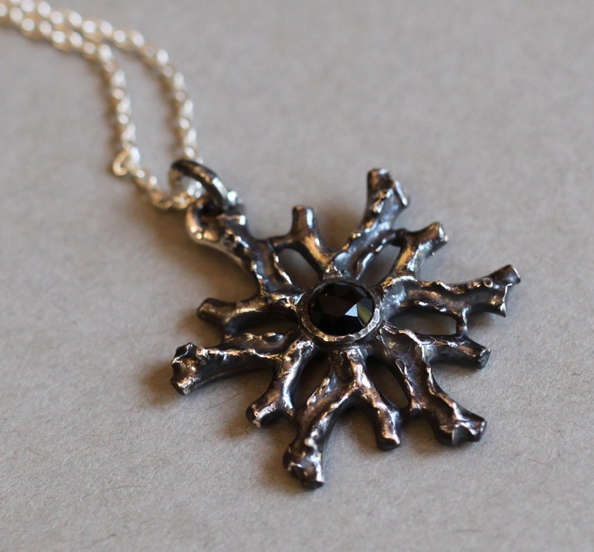 Coral medallion, black onyx and sterling silver pendant, ready to ship