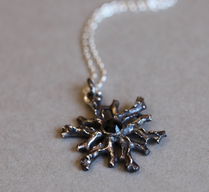 Coral medallion, black onyx and sterling silver pendant, ready to ship