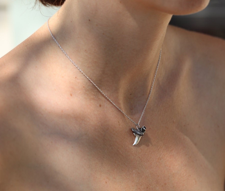 Silver Shark tooth with rose, tribal sterling pendant, shark tooth necklace, shark tooth jewelry, Made to order