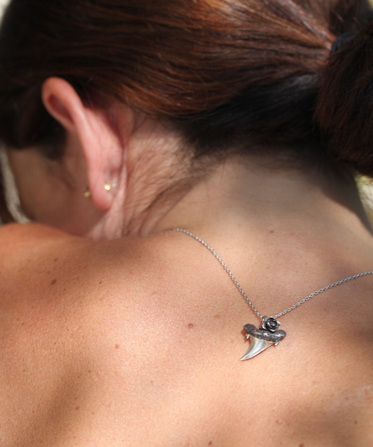 Silver Shark tooth with rose, tribal sterling pendant, shark tooth necklace, shark tooth jewelry, Made to order