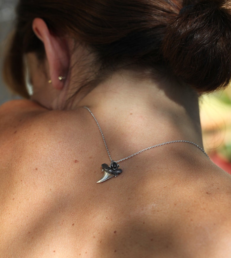 Silver Shark tooth with rose, tribal sterling pendant, shark tooth necklace, shark tooth jewelry, Made to order