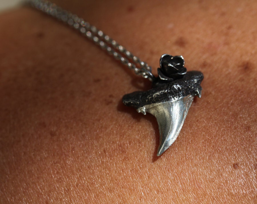 Silver Shark tooth with rose, tribal sterling pendant, shark tooth necklace, shark tooth jewelry, Made to order