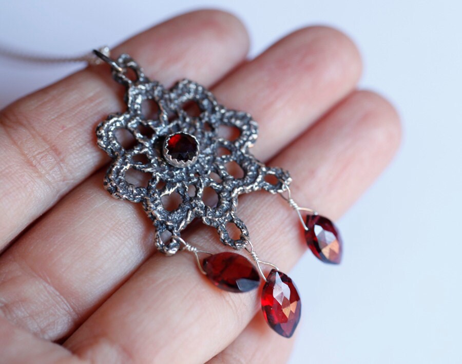 Lace jewelry, Vintage lace pendant, Sterling and garnet necklace, Bridal jewelry, antique lace