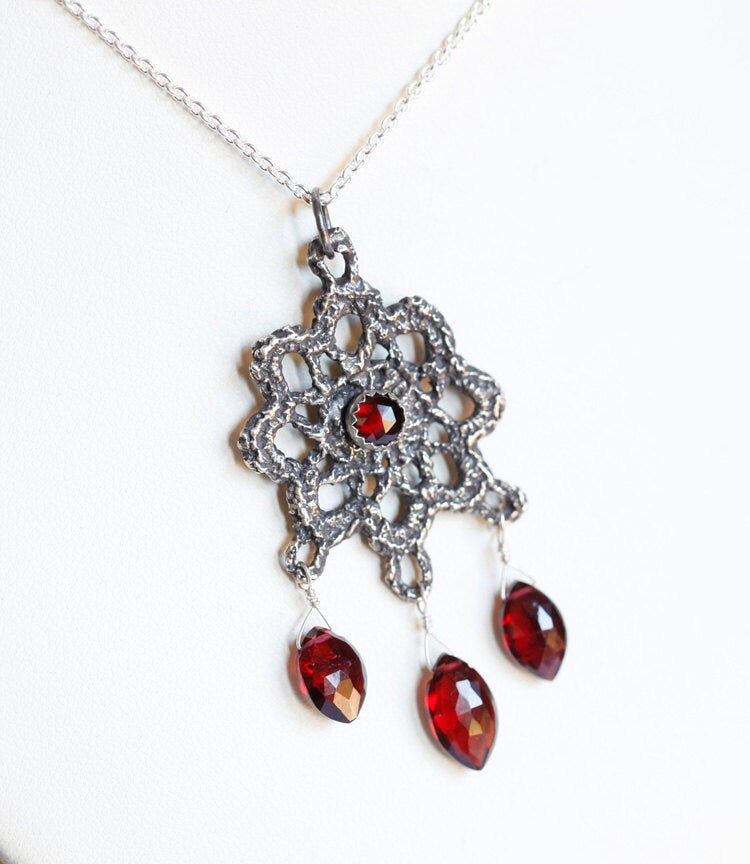 Lace jewelry, Vintage lace pendant, Sterling and garnet necklace, Bridal jewelry, antique lace