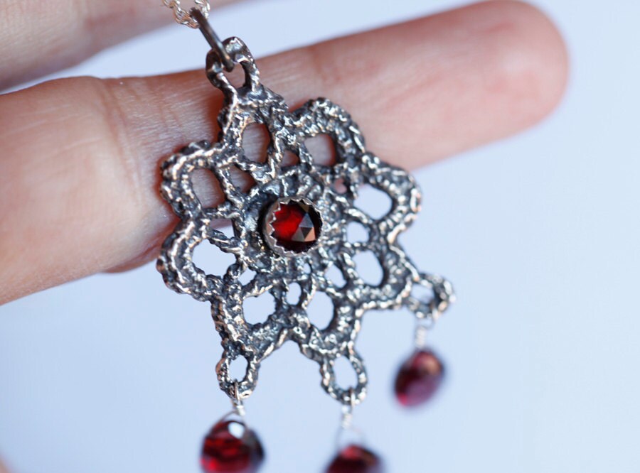 Lace jewelry, Vintage lace pendant, Sterling and garnet necklace, Bridal jewelry, antique lace