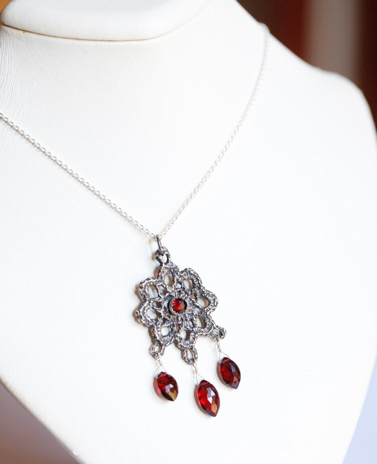 Lace jewelry, Vintage lace pendant, Sterling and garnet necklace, Bridal jewelry, antique lace