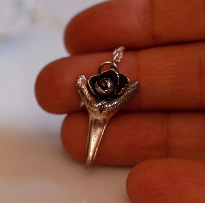 Small silver shark tooth with rose pendant