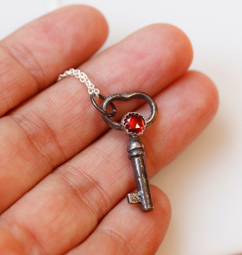 Secrets key, Victorian key with romantic rose cut garnet, blood red, sterling silver necklace, key pendant, made to order