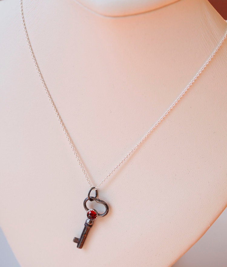 Secrets key, Victorian key with romantic rose cut garnet, blood red, sterling silver necklace, key pendant, made to order