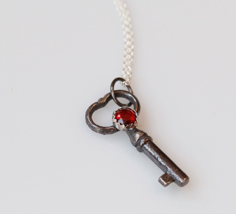 Secrets key, Victorian key with romantic rose cut garnet, blood red, sterling silver necklace, key pendant, made to order