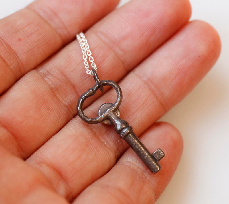 Secrets key, Victorian key with romantic rose cut garnet, blood red, sterling silver necklace, key pendant, made to order