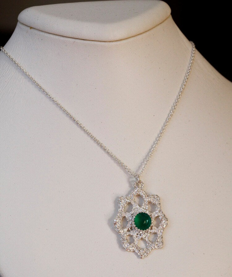 Emerald City, Lace jewelry, Sterling and green onyx necklace, Bridal jewelry, antique lace