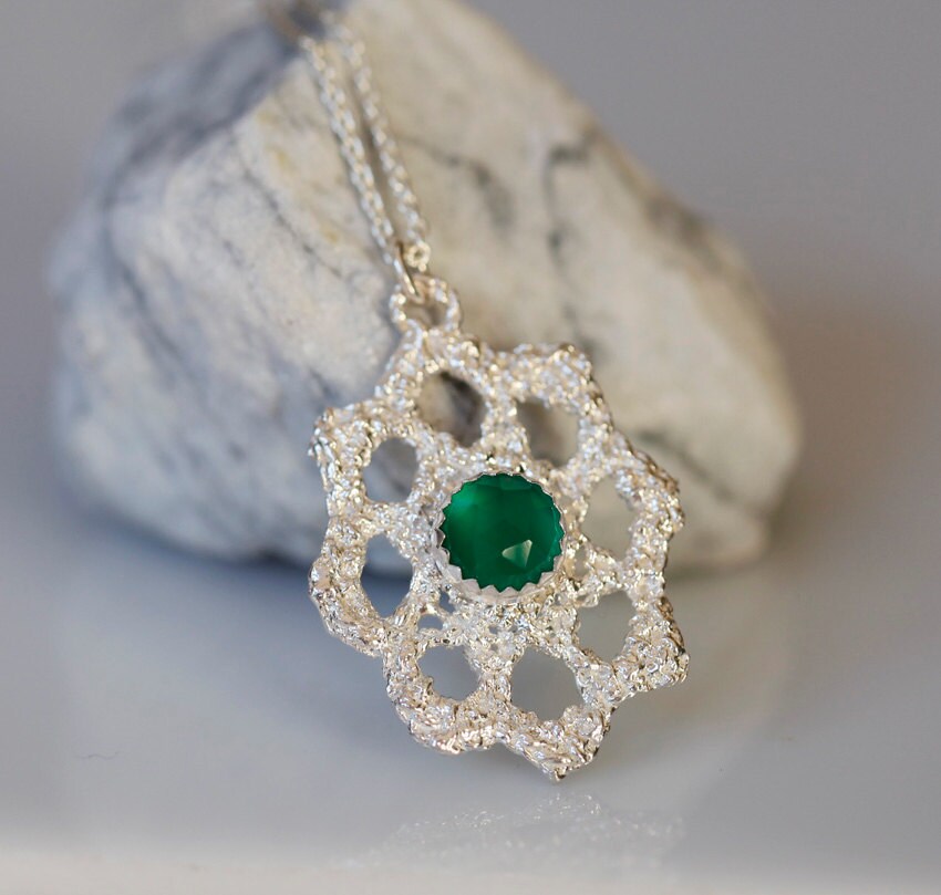Emerald City, Lace jewelry, Sterling and green onyx necklace, Bridal jewelry, antique lace