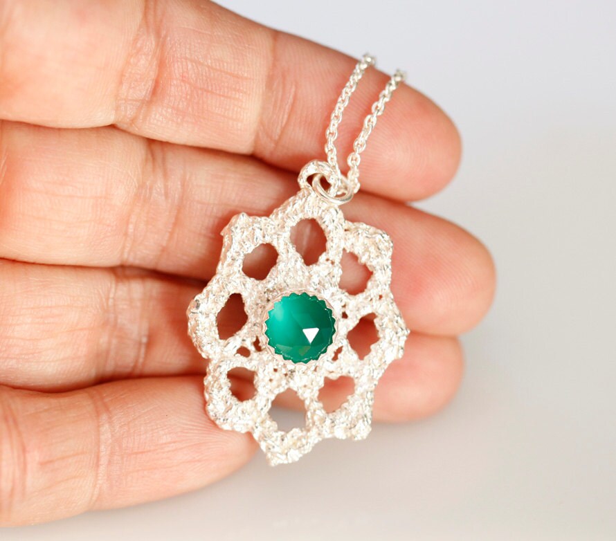 Emerald City, Lace jewelry, Sterling and green onyx necklace, Bridal jewelry, antique lace