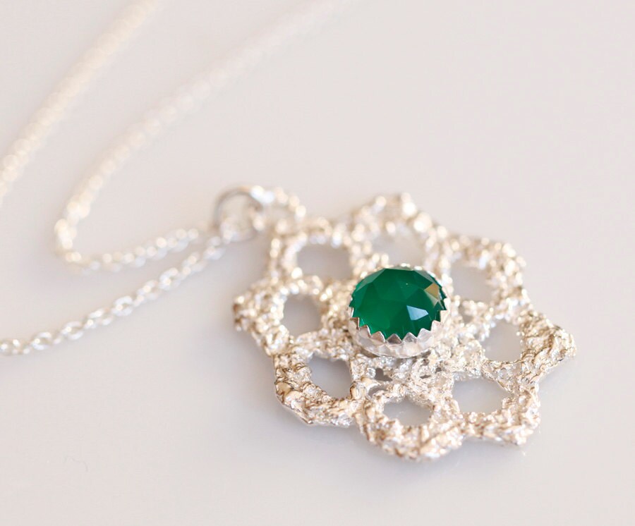 Emerald City, Lace jewelry, Sterling and green onyx necklace, Bridal jewelry, antique lace