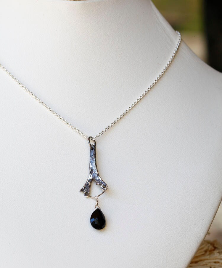 Dark mermaid necklace, seaweed and stone pendant, sterling, onyx