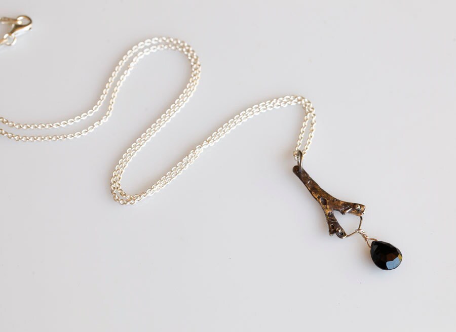 Dark mermaid necklace, seaweed and stone pendant, sterling, onyx