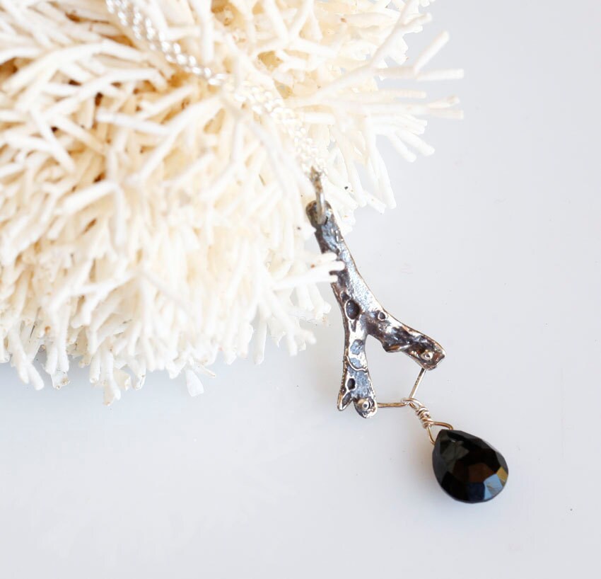 Dark mermaid necklace, seaweed and stone pendant, sterling, onyx