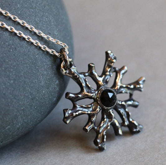 Coral medallion, black onyx and sterling silver pendant, ready to ship