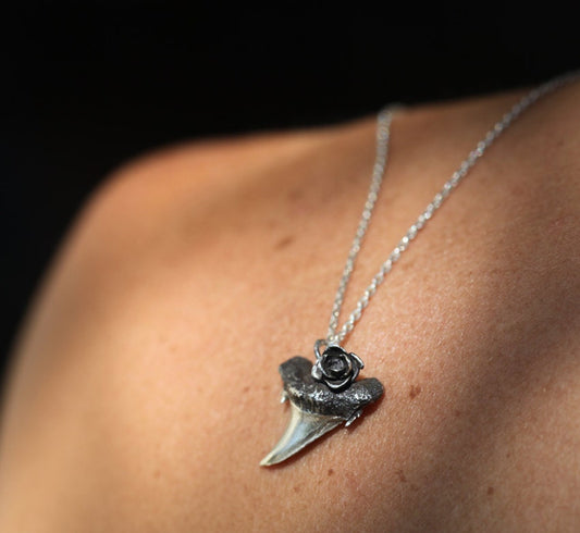 Silver Shark tooth with rose, tribal sterling pendant, shark tooth necklace, shark tooth jewelry, Made to order