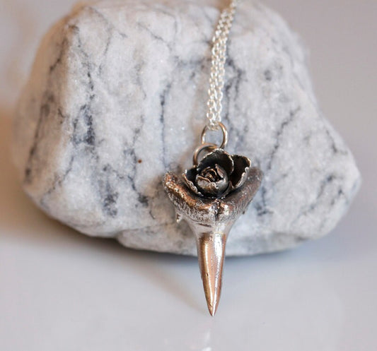 Small silver shark tooth with rose pendant