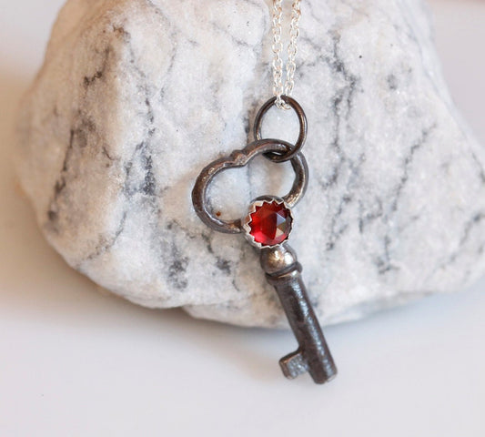 Secrets key, Victorian key with romantic rose cut garnet, blood red, sterling silver necklace, key pendant, made to order