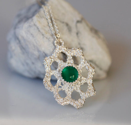 Emerald City, Lace jewelry, Sterling and green onyx necklace, Bridal jewelry, antique lace