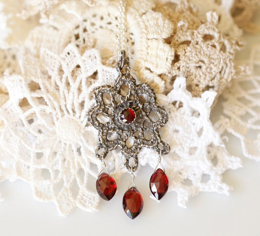 Lace jewelry, Vintage lace pendant, Sterling and garnet necklace, Bridal jewelry, antique lace